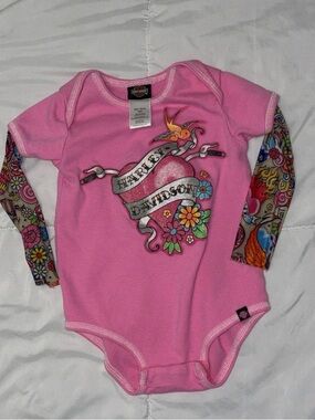PINK HARLEY DAVIDSON BODYSUIT CREEPER WITH TATTOO SLEEVES 18M